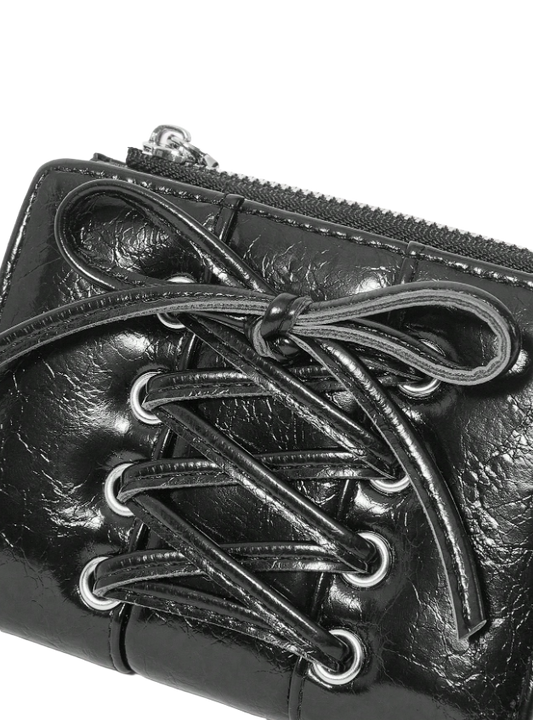 Black leather wallet with lace-up design