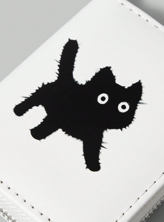 White wallet with black cat design and keychain