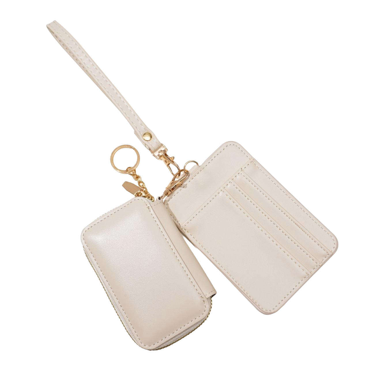 Beige leather wallet with strap and keychain