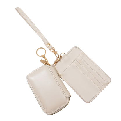 Beige leather wallet with strap and keychain