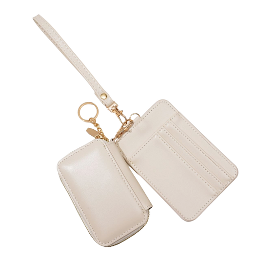 Beige leather wallet with strap and keychain