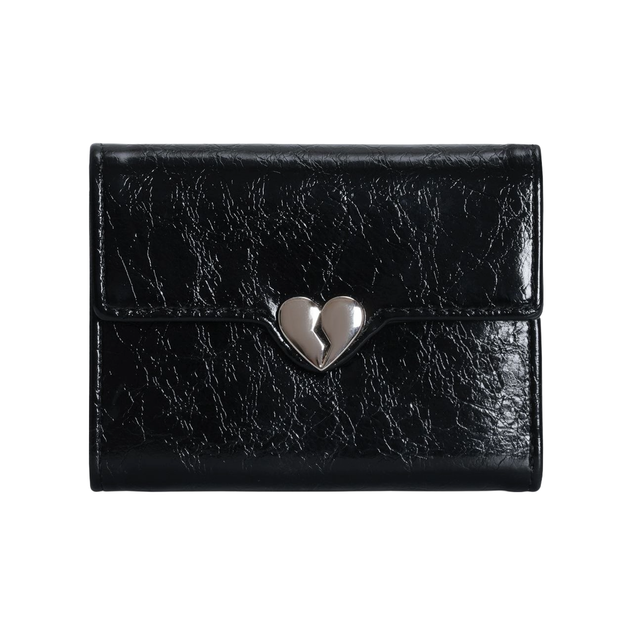 Black leather wallet with a silver heart-shaped clasp on a white background