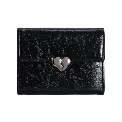Black leather wallet with a silver heart-shaped clasp on a white background