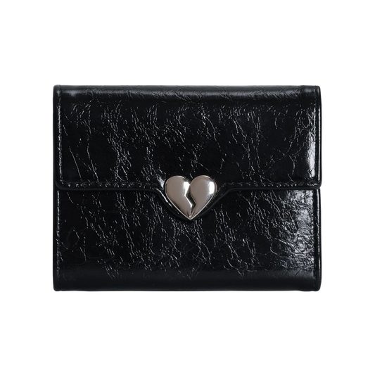 Black leather wallet with a silver heart-shaped clasp on a white background