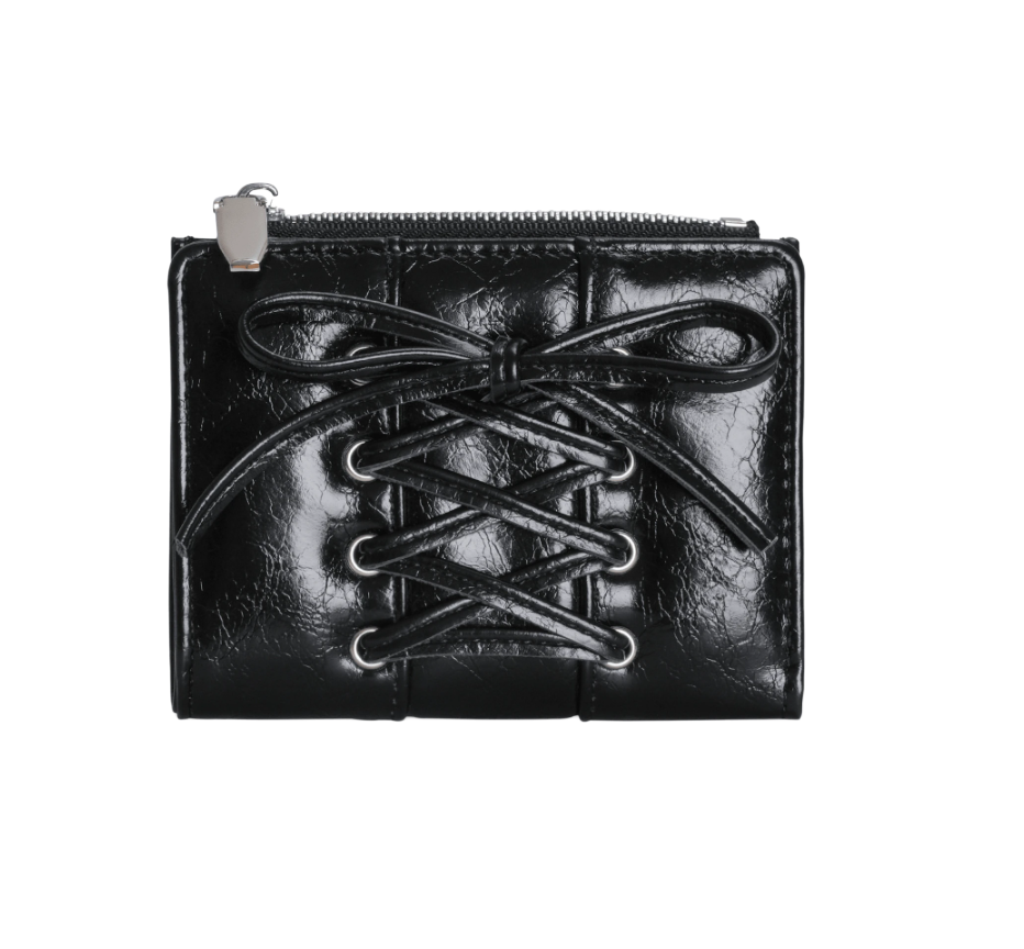 Black leather wallet with lace-up design
