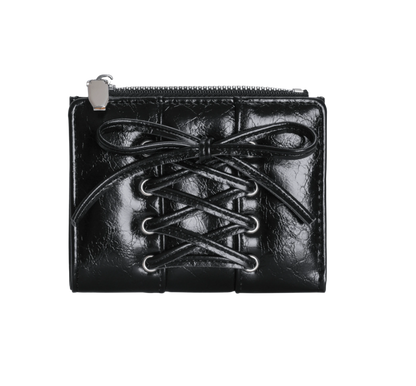 Black leather wallet with lace-up design