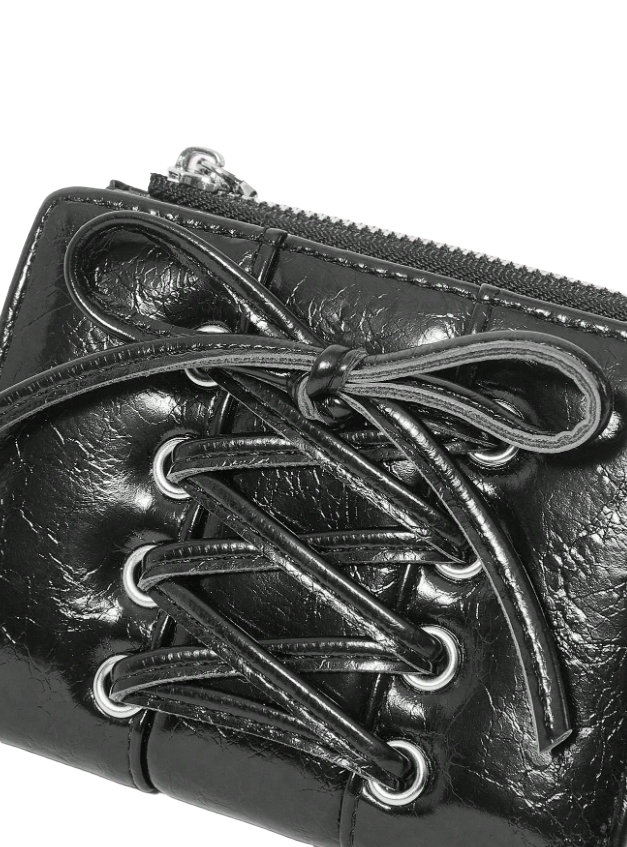 Black leather wallet with lace-up design