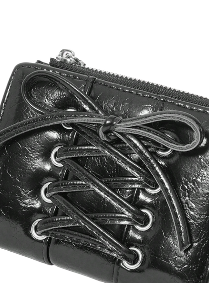 Black leather wallet with lace-up design