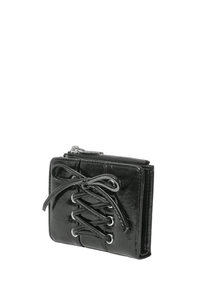 Black leather wallet with lace-up design