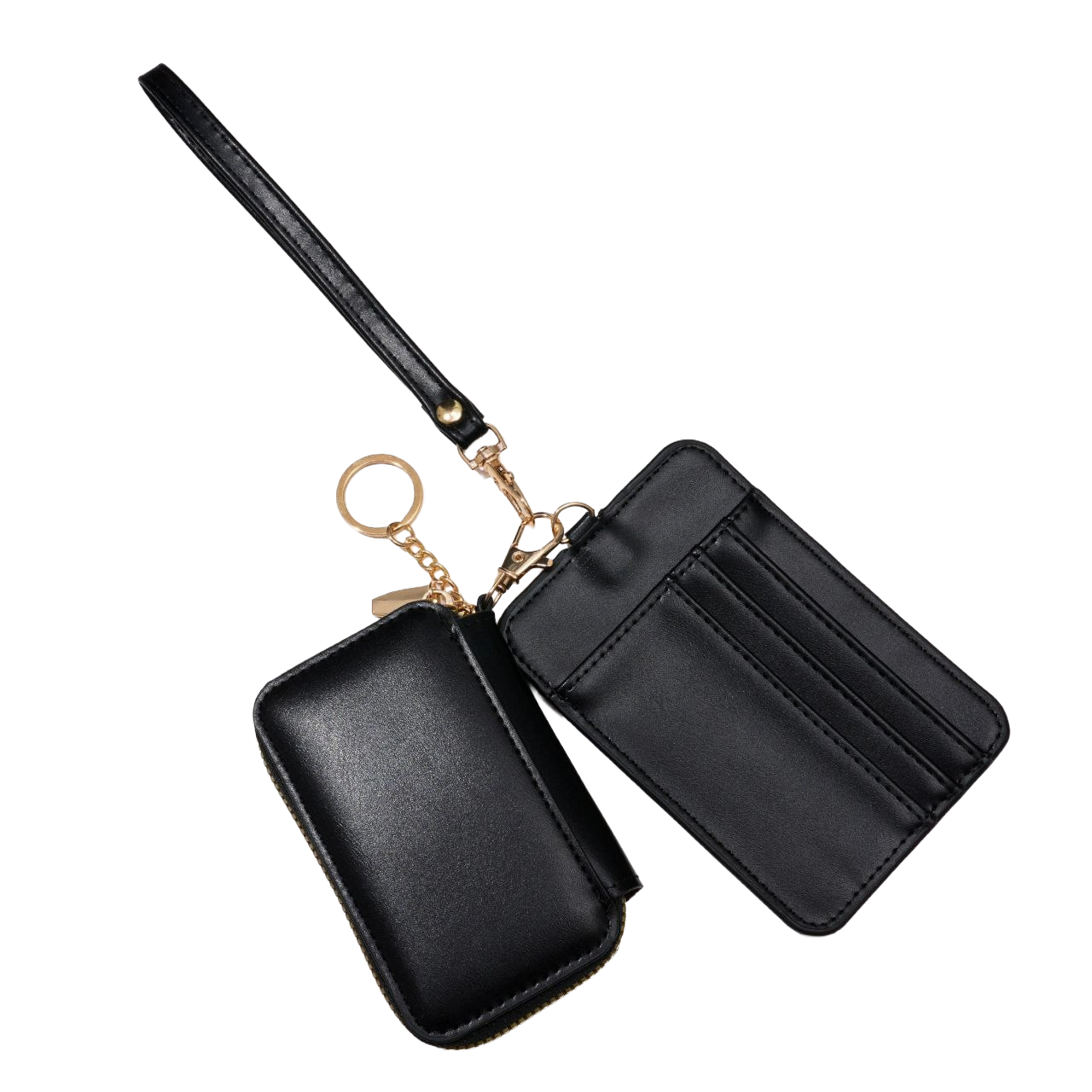 Black leather wallet with strap and keychain