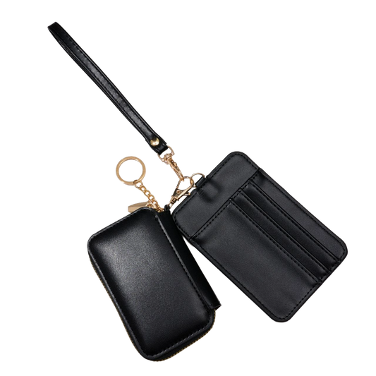 Black leather wallet with strap and keychain