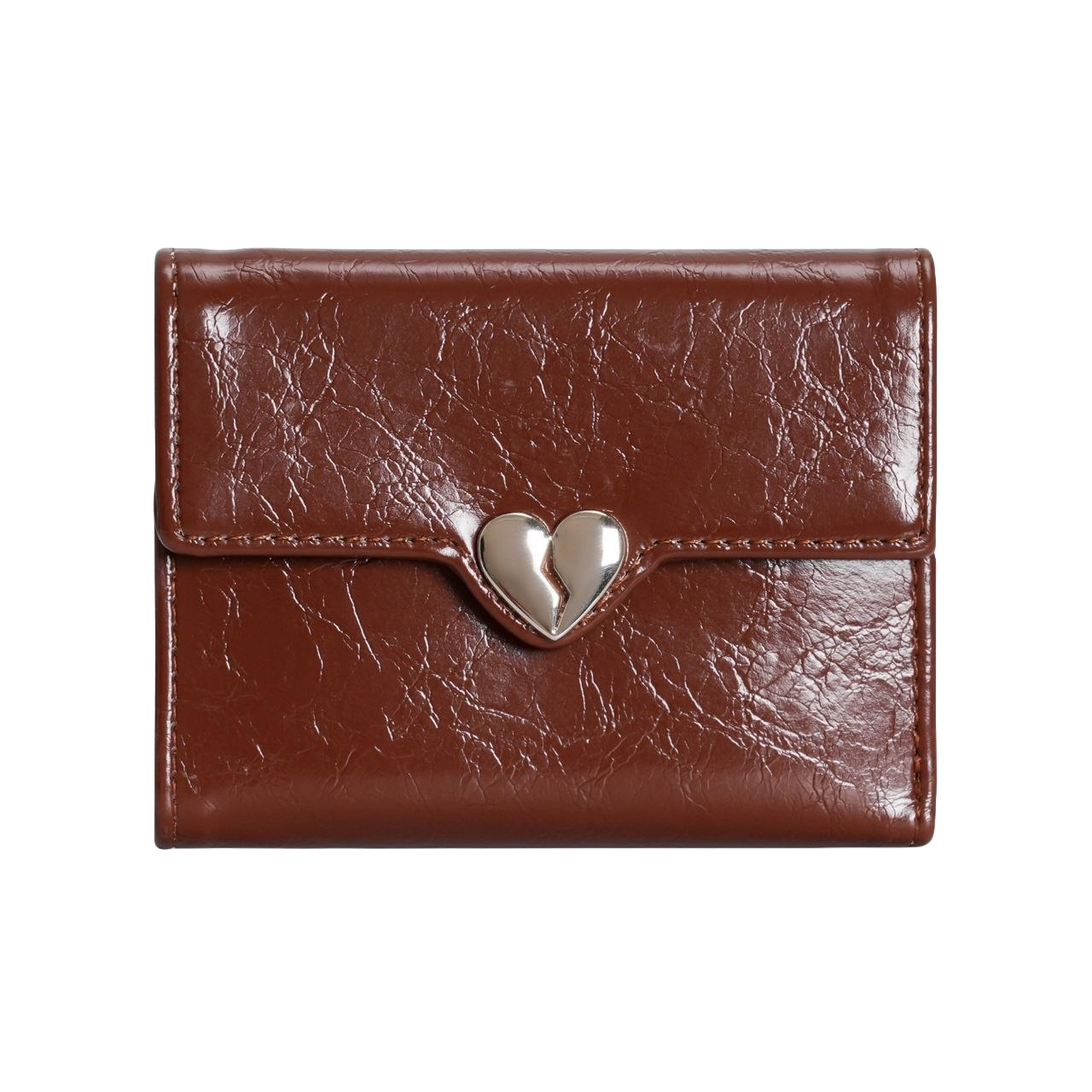 Brown leather wallet with a silver heart-shaped clasp