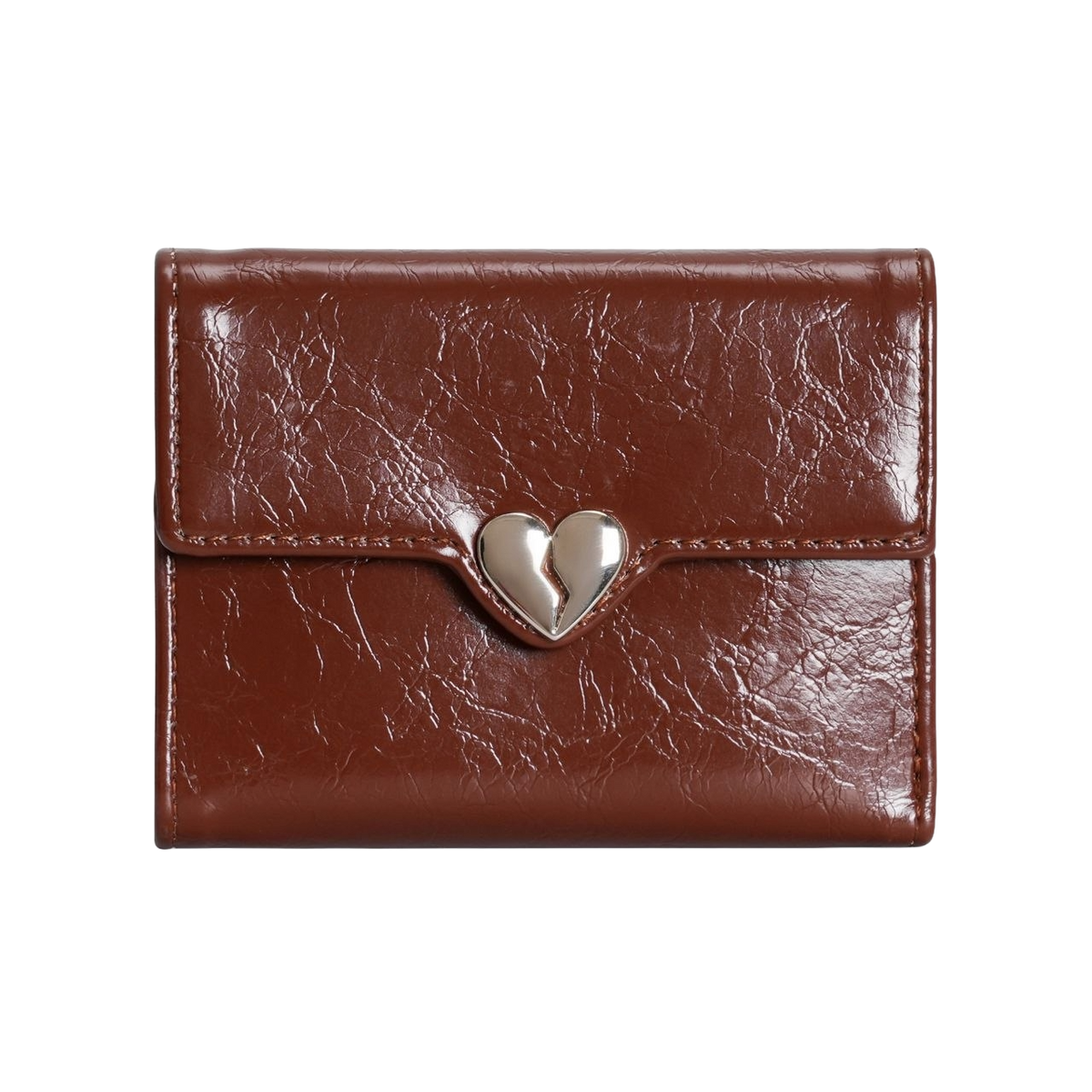 Brown leather wallet with a silver heart-shaped clasp
