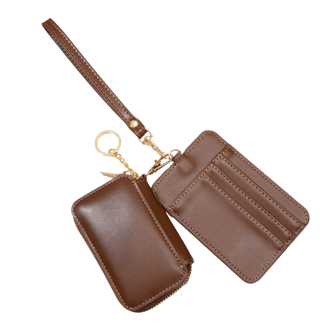 Brown leather wallet with strap and keychain