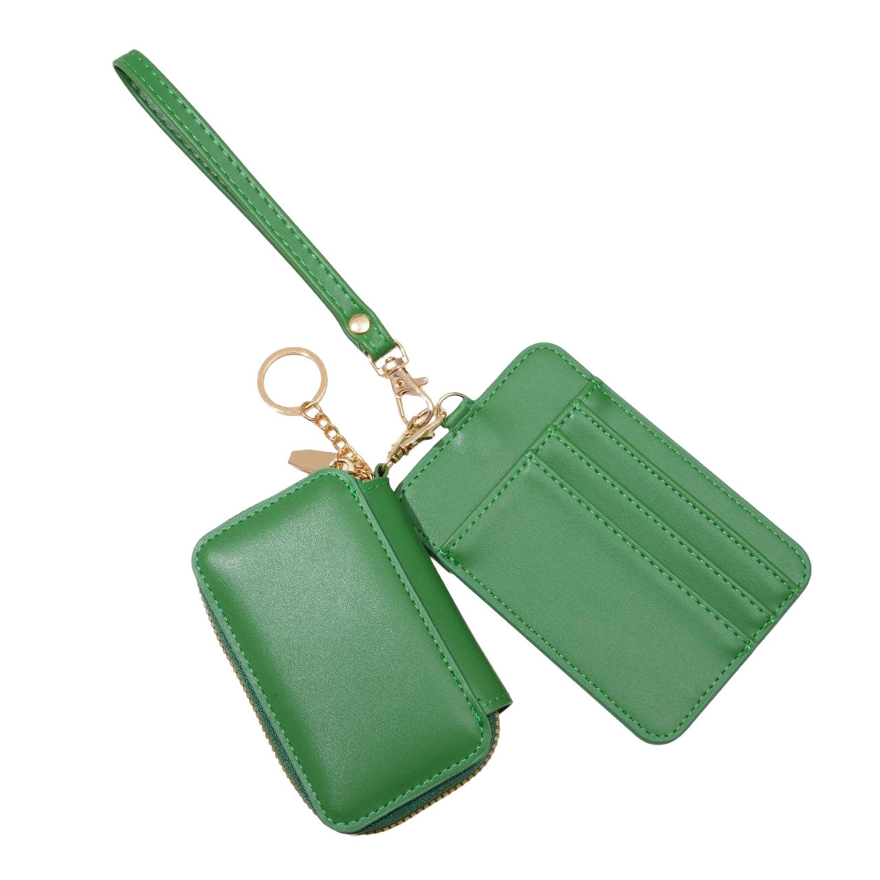 Green wristlet with keychain and wallet