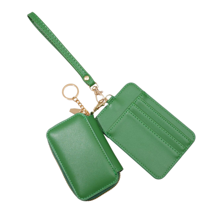 Green wristlet with keychain and wallet