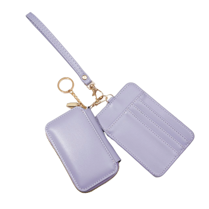 Lavender wristlet with keychain and wallet