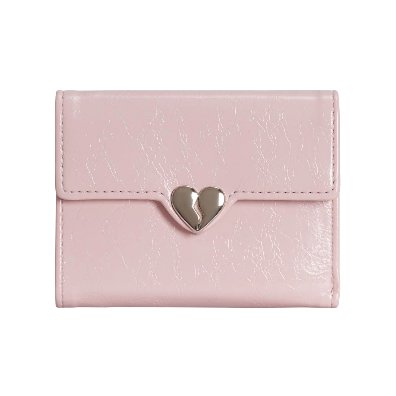 Pink leather wallet with a silver heart-shaped clasp