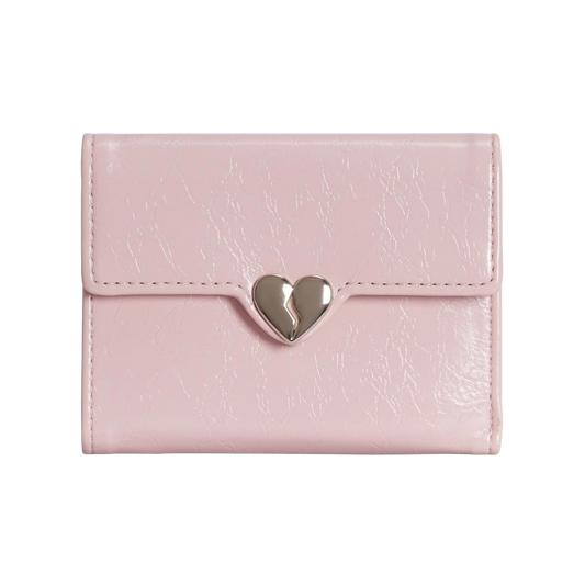 Pink leather wallet with a silver heart-shaped clasp