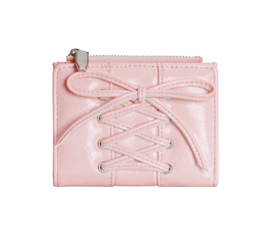 Pink leather wallet with lace-up design