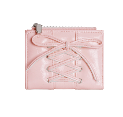 Pink leather wallet with lace-up design