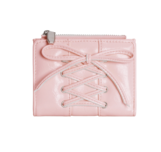 Pink leather wallet with lace-up design