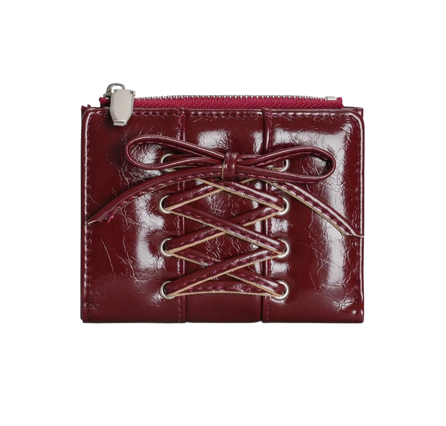 Red leather wallet with lace-up design