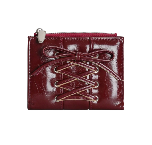 Red leather wallet with lace-up design