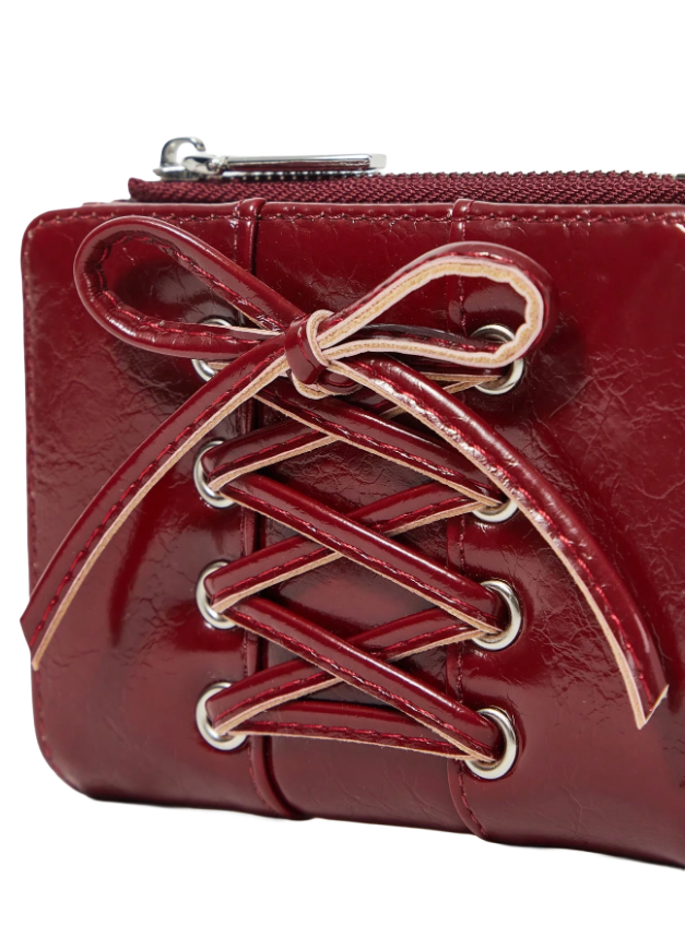Red leather wallet with lace-up design