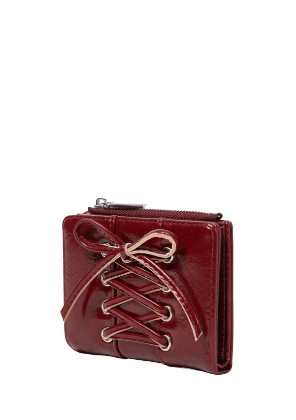 Red leather wallet with lace-up design