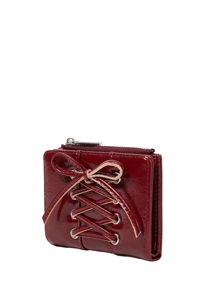 Red leather wallet with lace-up design