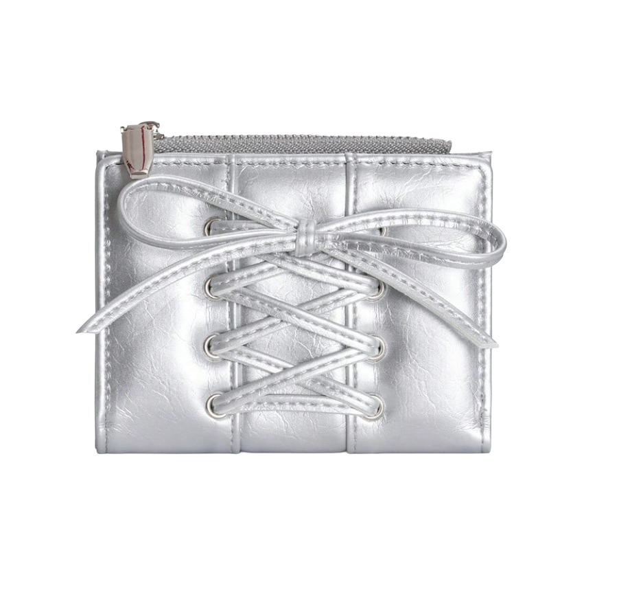 Silver leather wallet with lace-up design
