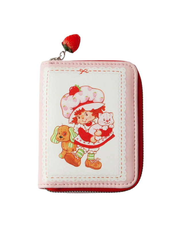 Small pink wallet with cartoon character and strawberry