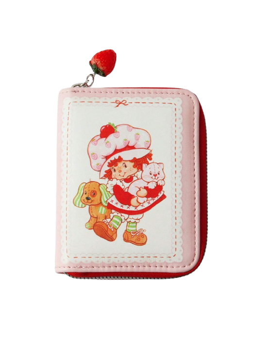 Small pink wallet with cartoon character and strawberry