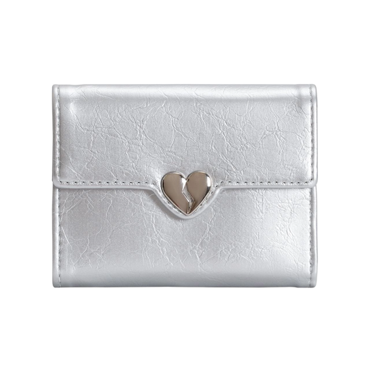 White leather wallet with a silver heart-shaped clasp