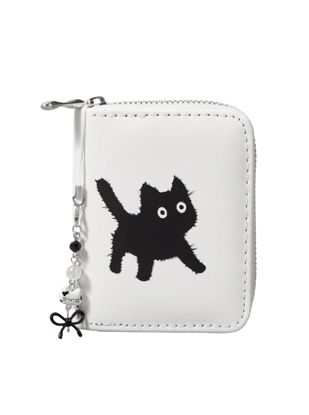 White wallet with black cat design and keychain