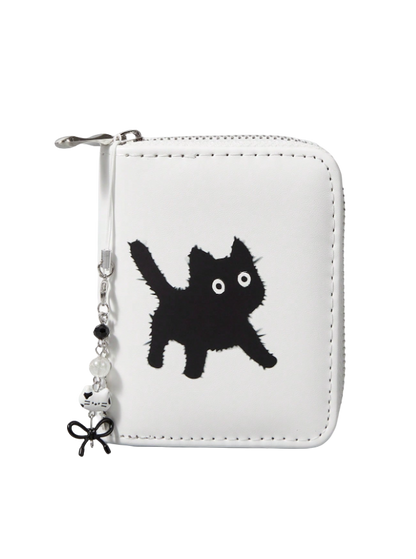 White wallet with black cat design and keychain