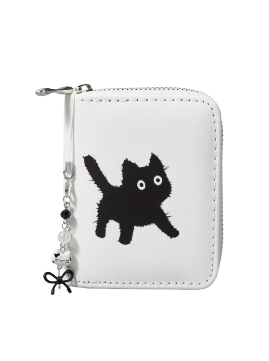 White wallet with black cat design and keychain